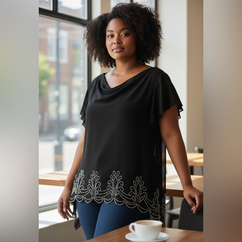 NWT Metaphor Social Separates Black Top with Rhinestones & Split Cap Sleeves